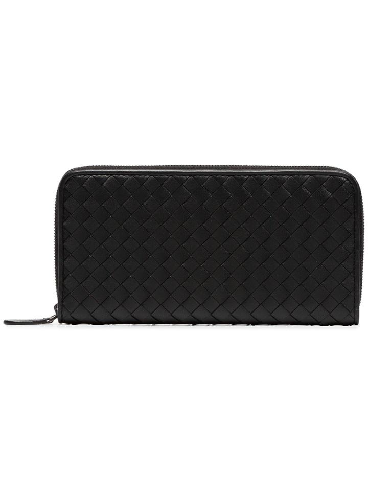 Bottega Veneta Black Intrecciato Zip Around Leather Wallet