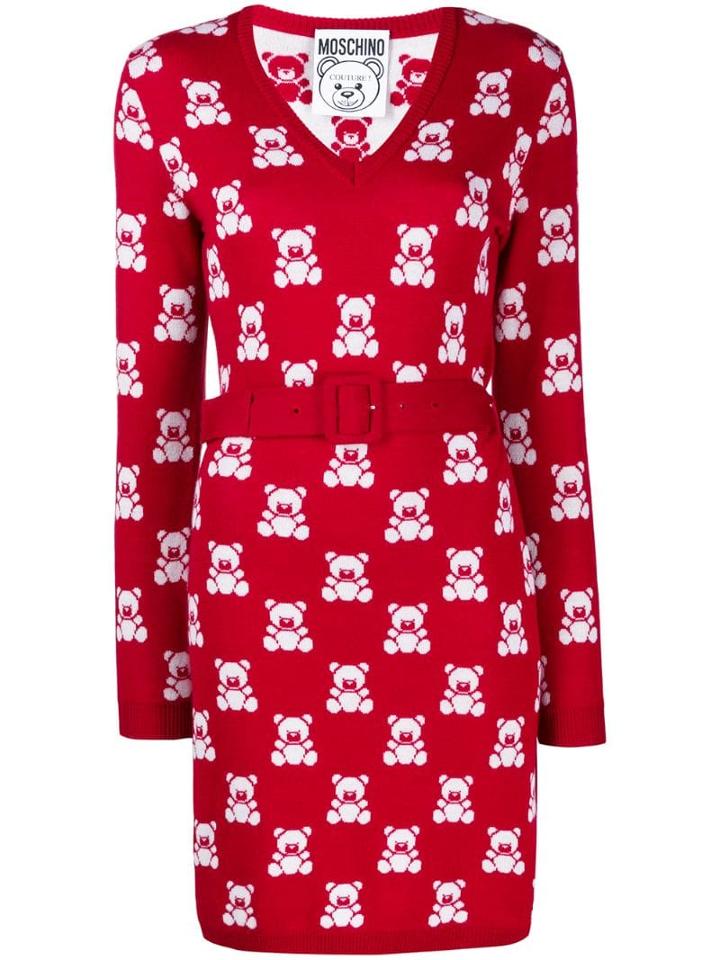 Moschino Jacquard Teddy Bear Belted Dress - Red