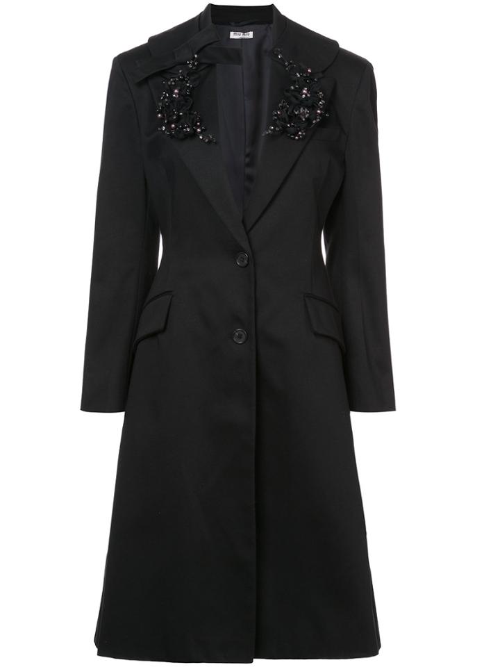 Miu Miu Flower Embellished Buttoned Coat - Black
