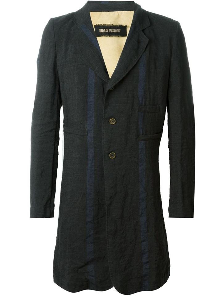 Uma Wang Stripe 'eduard' Long Coat, Men's, Size: Medium, Black, Linen/flax/cotton/viscose