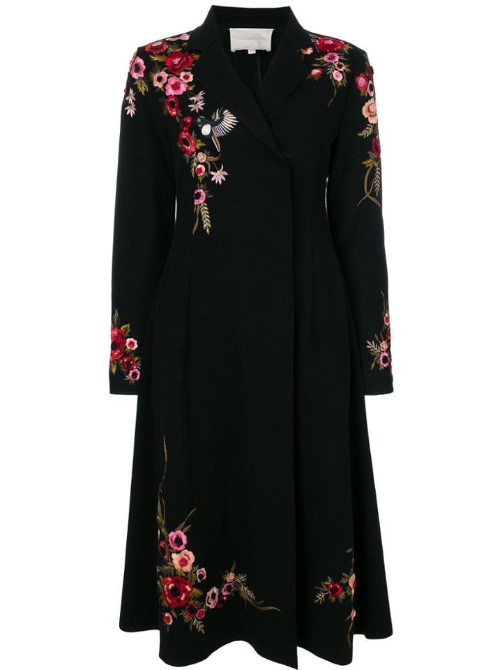 Amen Floral Embroidered Concealed Double Breasted Coat - Black