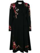 Amen Floral Embroidered Concealed Double Breasted Coat - Black
