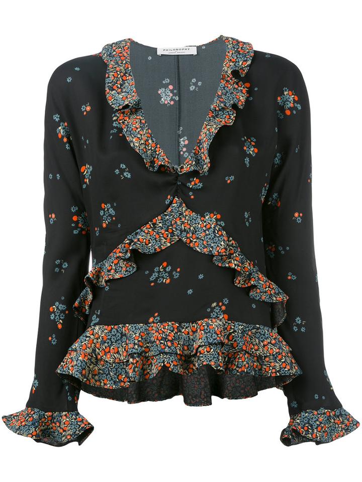 Philosophy Di Lorenzo Serafini - Printed Frill Trim Top - Women - Rayon - 44, Black, Rayon