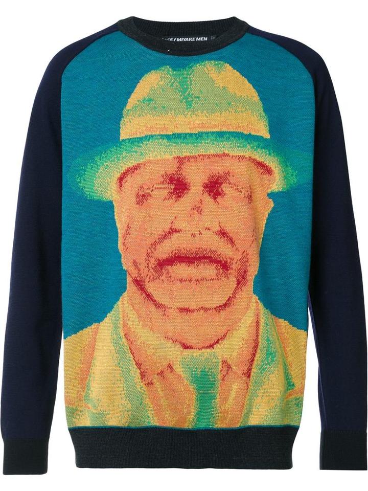 Issey Miyake Men Portrait Print Sweater, Size: 1, Blue, Acrylic/lyocell/wool