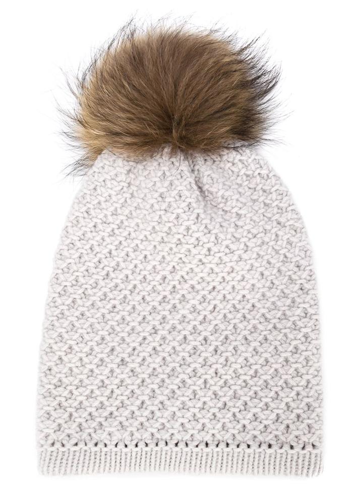 Inverni Racoon Fur Pompom Beanie, Women's, Grey, Cashmere/wool/racoon Fur