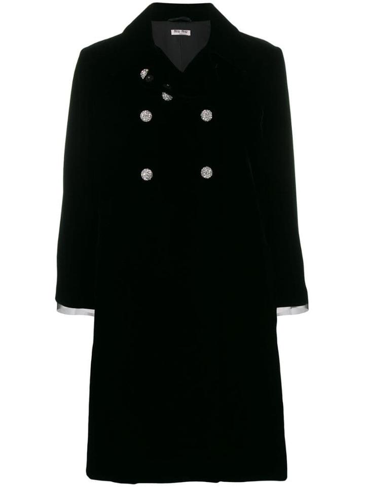 Miu Miu Crystal Embellished Double-breasted Coat - Black
