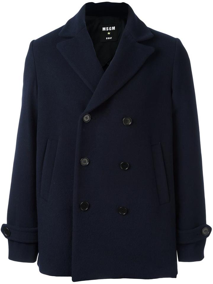 Msgm Double Breasted Peacoat, Men's, Size: 46, Blue, Cotton/polyamide/polyester/virgin Wool