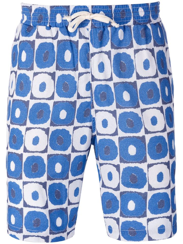 Universal Works Geometric Print Beach Shorts, Men's, Size: Medium, Blue, Cotton