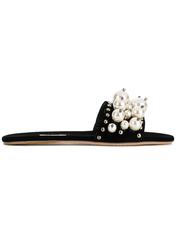 Miu Miu Peal Embellished Sliders - Black