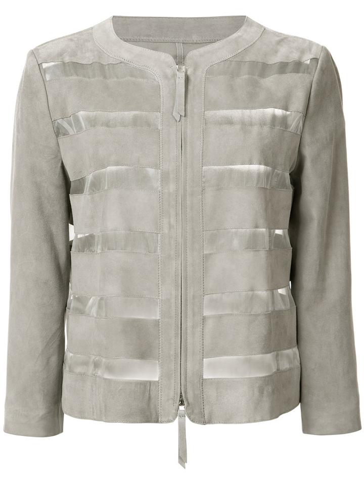 Armani Collezioni Sheer Stripes Collarless Jacket, Women's, Size: 46, Grey, Viscose/polyester/goat Suede/silk