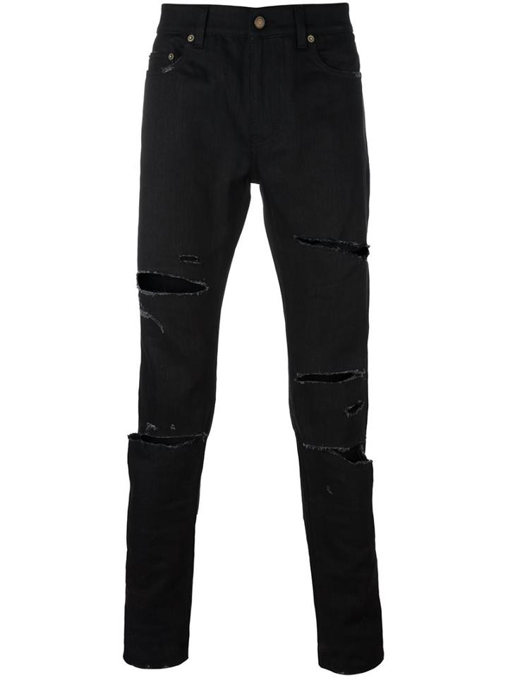 Saint Laurent Distressed Skinny Jeans, Men's, Size: 32, Black, Cotton/spandex/elastane