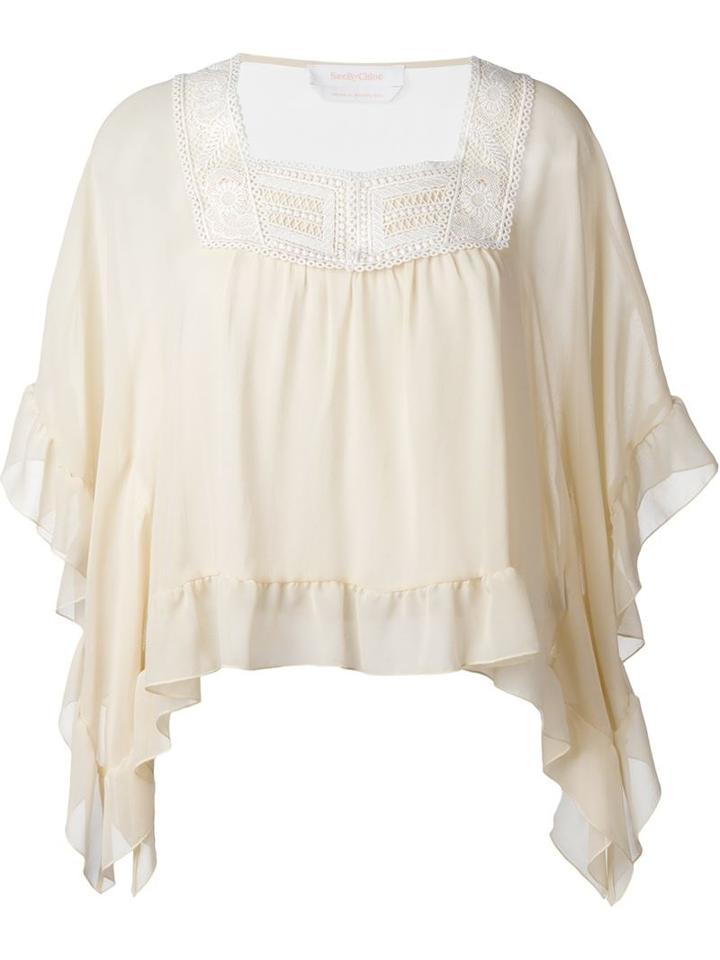 See By Chloé Sheer Frill Trim Blouse, Women's, Size: 38, Nude/neutrals, Silk/viscose