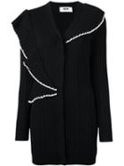 Msgm Ruffled Detailing Ribbed Cardigan, Women's, Size: Medium, Black, Virgin Wool