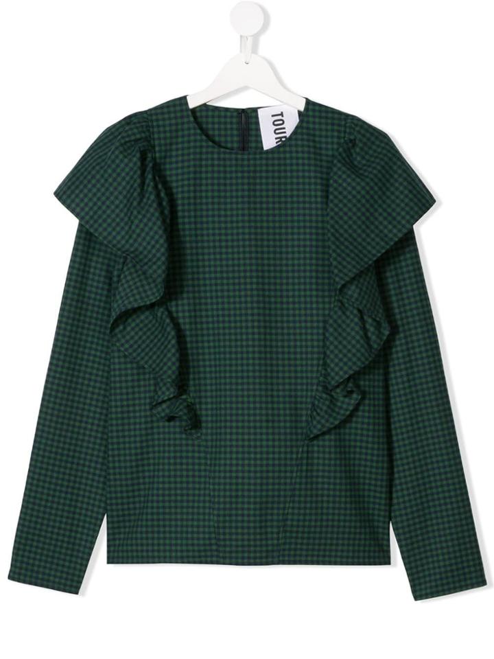 Touriste Teen Ruffle Trim Checked Blouse - Green