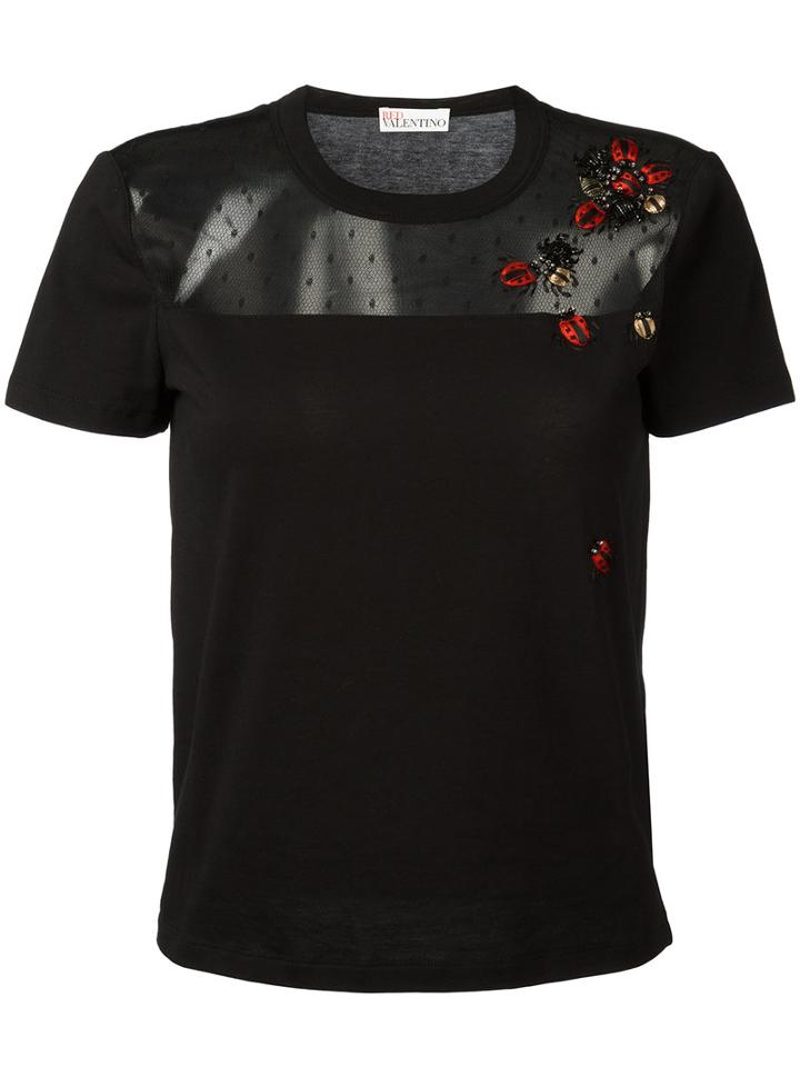 Red Valentino Ladybird Sheer Panel T-shirt, Women's, Size: Xs, Black, Cotton/polyamide