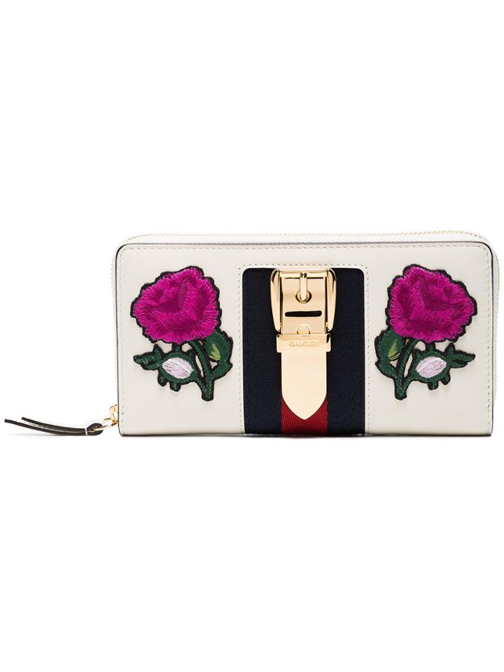 Gucci Sylvie Rose Embroidered Leather Wallet - White
