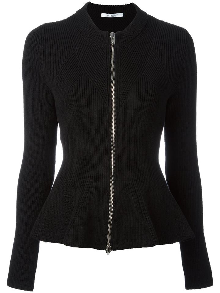 Givenchy Zip Peplum Cardigan, Women's, Size: Medium, Black, Cotton/polyamide/spandex/elastane