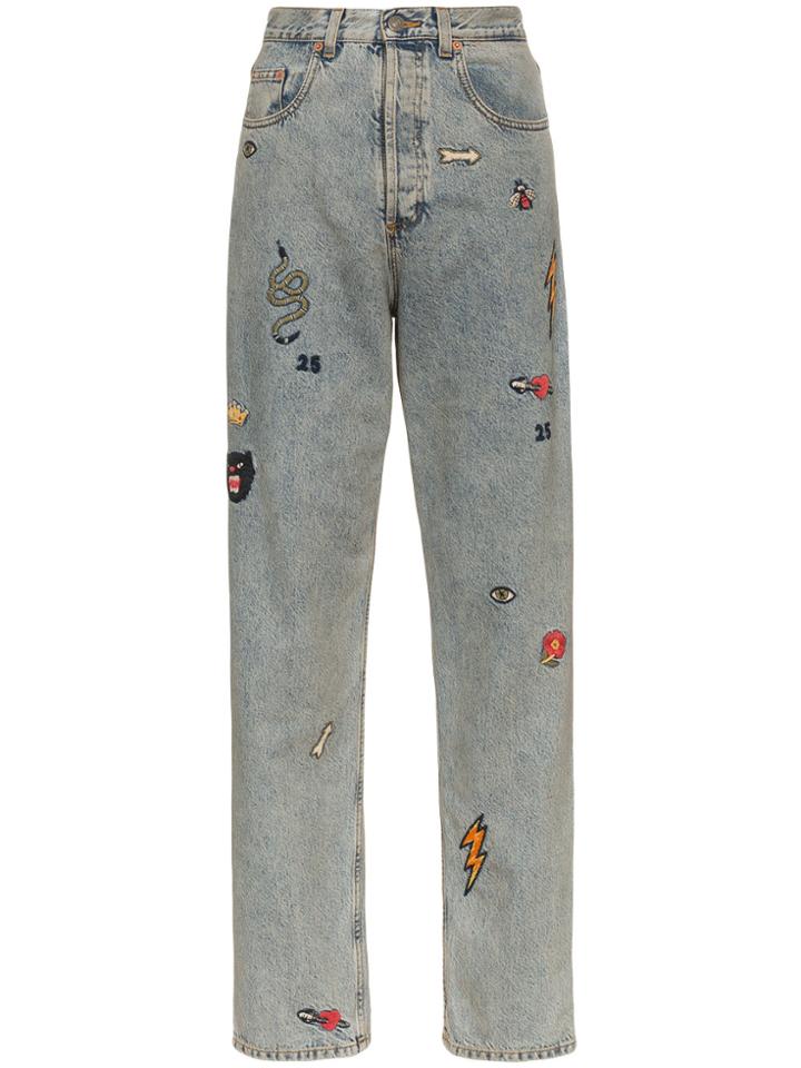 Gucci High Waist Embroidered Jeans - Blue