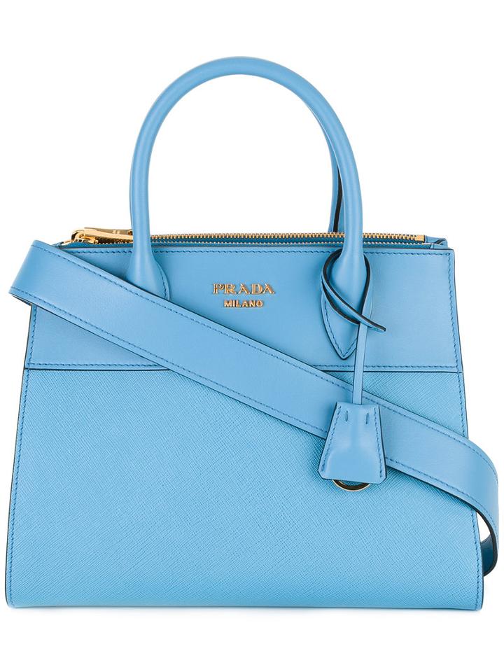 Prada Logo Plaque Tote, Women's, Blue, Calf Leather