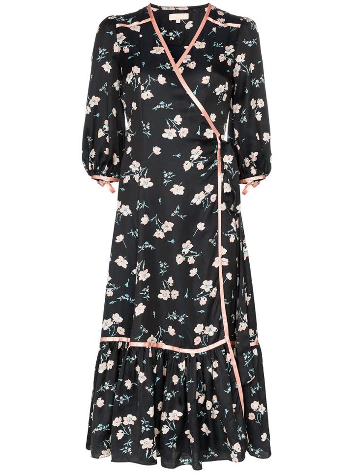 By Timo Floral Print Contrast Trim Wrap Dress - Black
