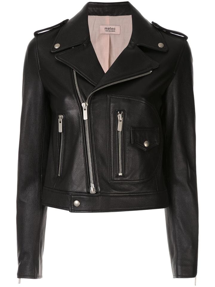 Yves Salomon Meteo Short Leather Biker Jacket - Black
