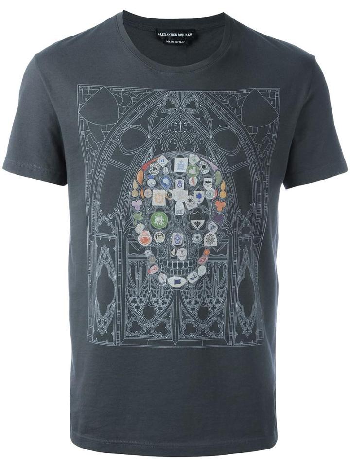 Skull Print T-shirt, Men's, Size: Large, Grey, Cotton, Alexander Mcqueen