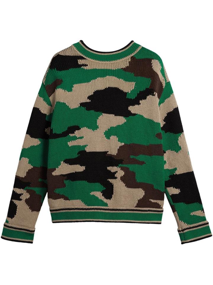 Burberry Camouflage Intarsia Cotton V-neck Sweater - Green