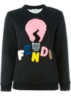 Fendi Shearling Logo Sweatshirt, Women's, Size: 42, Black, Cotton/polyamide/polyester/sheep Skin/shearling