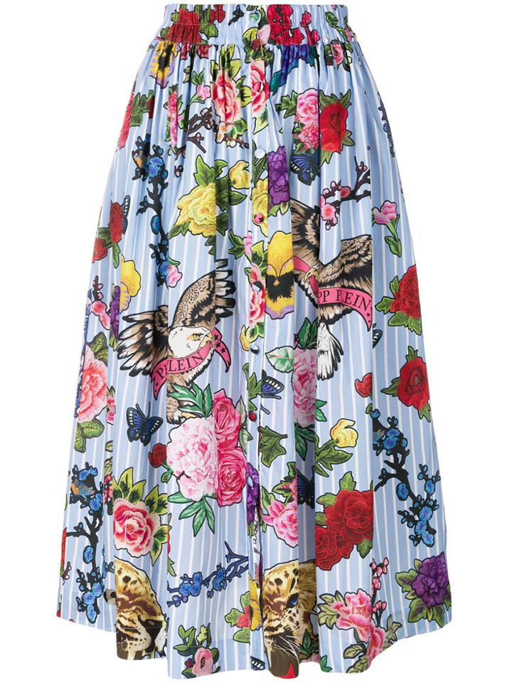 Philipp Plein Floral Full Midi Skirt - Blue