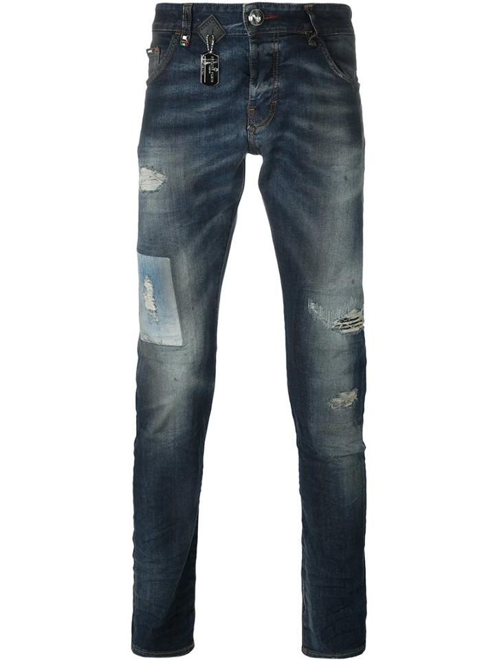 Philipp Plein Distressed Slim-fit Jeans, Men's, Size: 30, Blue, Cotton/spandex/elastane