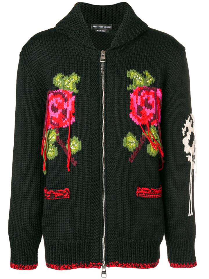 Alexander Mcqueen Intarsia Chunky Knit Cardigan - Black
