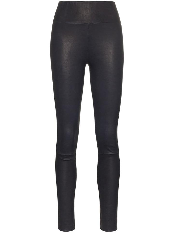 Sprwmn Navy High-waisted Leather Leggings - Blue