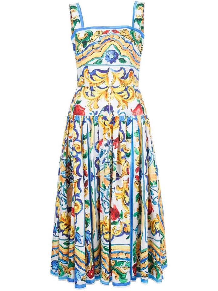 Dolce & Gabbana Majolica Print Dress, Women's, Size: 40, White, Cotton