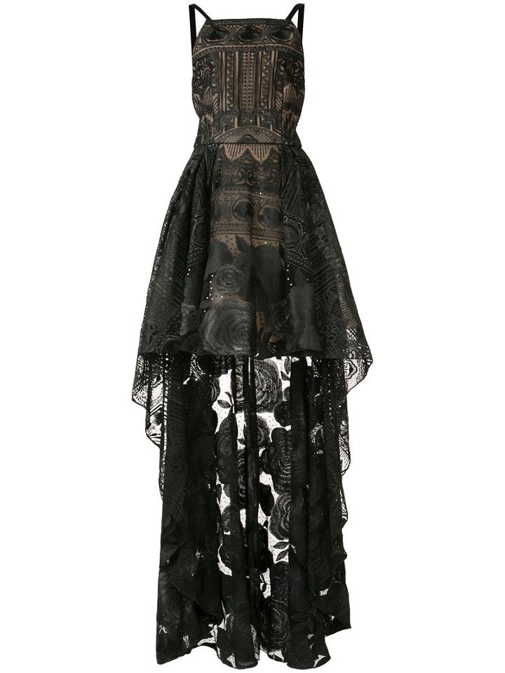 Marchesa Notte Asymmetric Hem Floral Dress, Women's, Size: 6, Black, Nylon