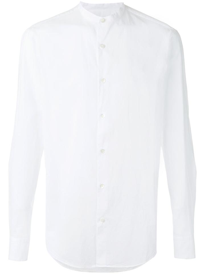Dries Van Noten Long-sleeved, Collarless, Formal Shirt With Curved Hem, Men's, Size: 48, White, Cotton