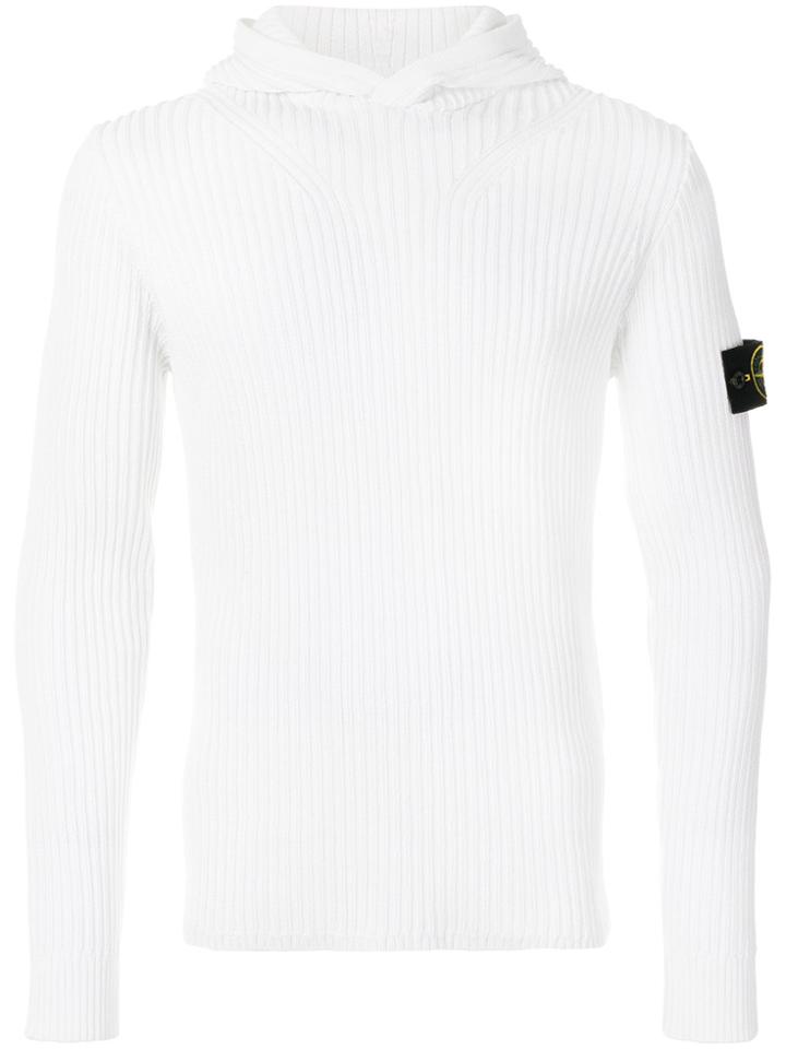 Stone Island Ribbed Logo Plaque Hoodie - White