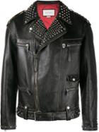 Gucci King Charles Spaniel Biker Jacket, Men's, Size: 48, Black, Calf Leather/brass/polyamide