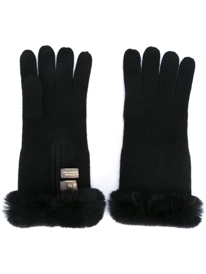 N.peal Fur Trim Gloves, Women's, Black, Rabbit Fur/cashmere