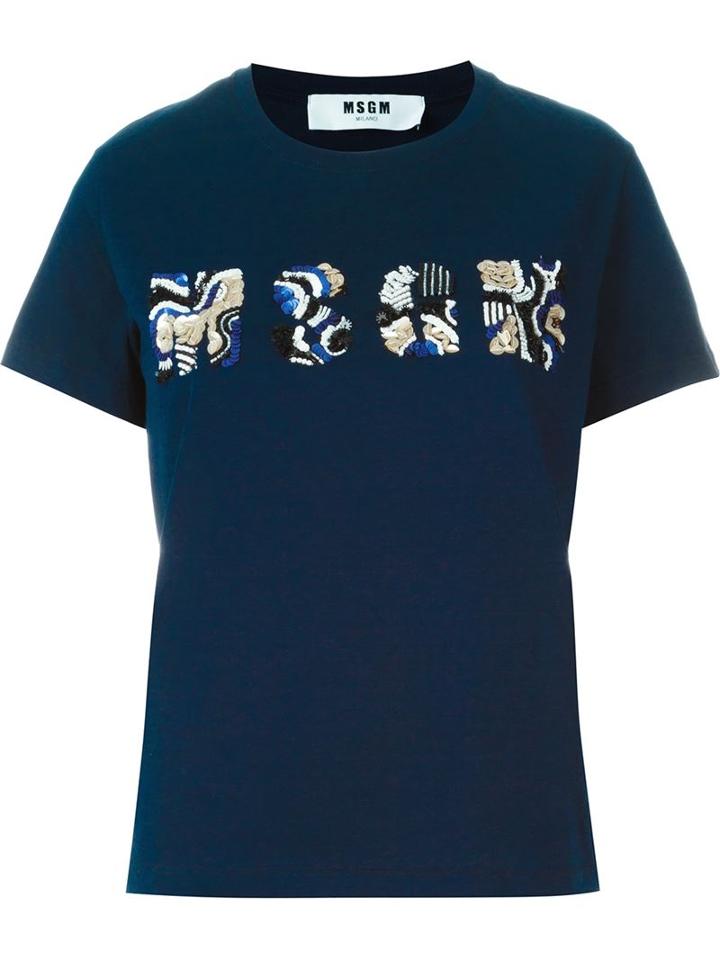 Msgm Beaded Logo T-shirt, Women's, Size: L, Blue, Cotton