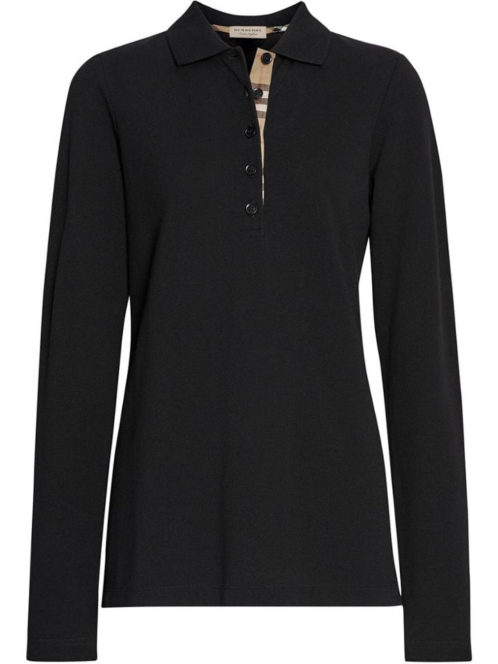 Burberry Long-sleeve Check Placket Cotton Piqué Polo Shirt - Black