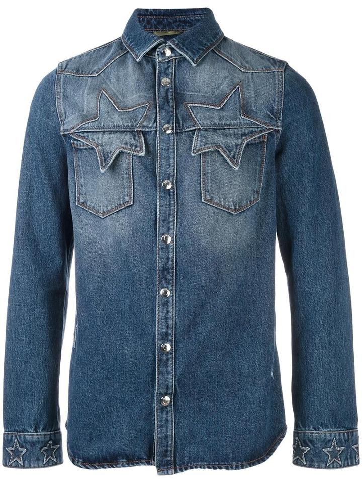 Valentino Star Stitching Western Shirt, Men's, Size: 46, Blue, Cotton
