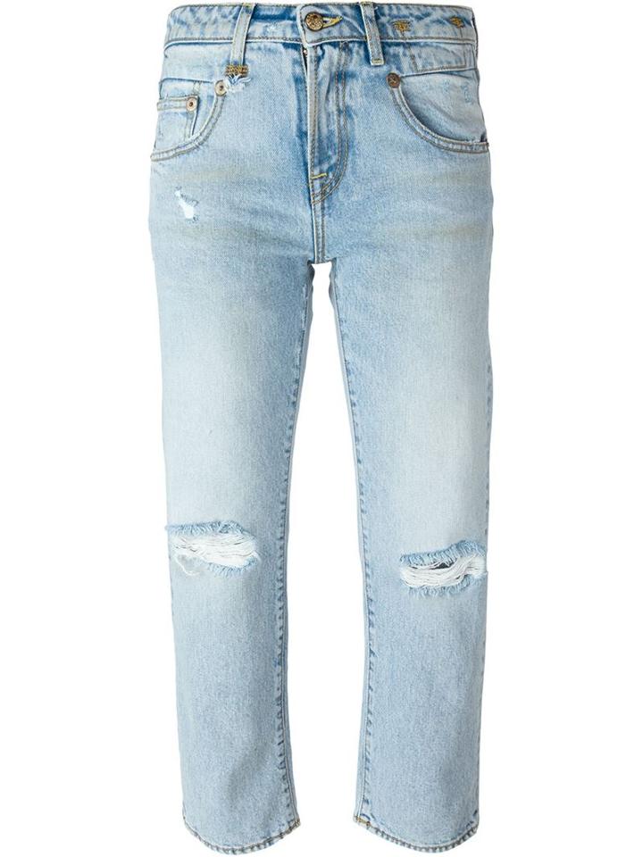 R13 Distressed Girlfriend Cropped Jeans, Women's, Size: 27, Blue, Cotton/spandex/elastane