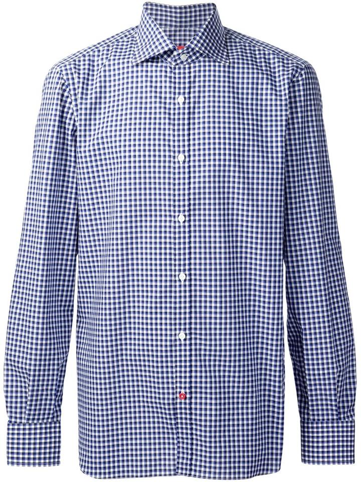 Isaia Casual Checked Shirt, Men's, Size: 16, Blue, Cotton