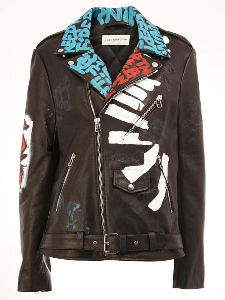 Faith Connexion Multi-print Mid Biker Jacket, Women's, Size: Large, Black, Calf Leather/acetate/polyester