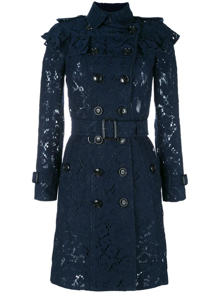 Burberry Embroidered Double Breasted Coat - Blue