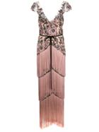 Marchesa Notte Beaded Floral Fringed Gown - Pink