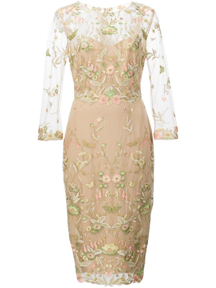Marchesa Notte Flower Embroidered Dress - Nude & Neutrals