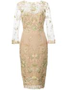 Marchesa Notte Flower Embroidered Dress - Nude & Neutrals