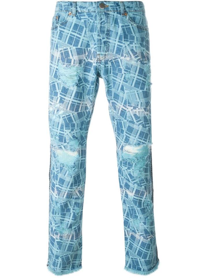 James Long Printed Slim Jeans, Men's, Size: M, Blue, Cotton