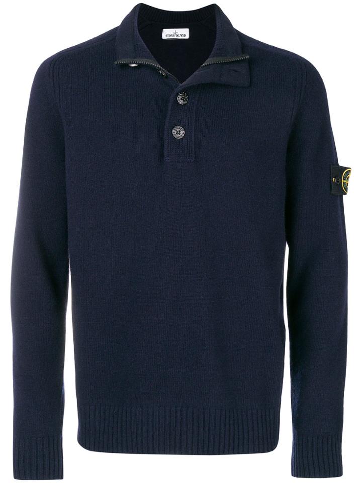 Stone Island Button Zip Placket Knitted Jumper - Blue
